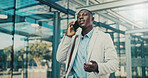 Phone call, lawyer and black man in city for corporate case, legal negotiation and communication. Mobile, attorney and conversation with contact in town for justice, law advice or listening to update