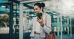 Businesswoman, travel and excited for success with phone in city and celebration for company revenue. Laughing, salesperson and happy for bonus notification, achievement and good news on mobile app