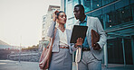 Talk, team and business people with tablet in city for financial review, accounting or budget. Technology, meeting and workers in town with investment project, bookkeeping update and audit report