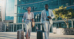 Business, travel and people in city with luggage, passport and morning journey to airport. Thinking, employees and walking outdoor with suitcase, corporate commute and boarding pass for work flight