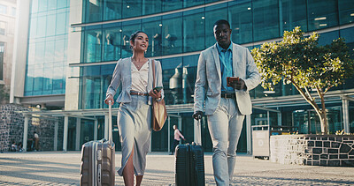 Buy stock photo Business, travel and people in city with luggage, passport and morning journey to airport. Thinking, employees and walking outdoor with suitcase, corporate commute and boarding pass for work flight
