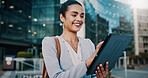Tablet, happy and businesswoman in city with research for finance report with company revenue. Smile, digital technology and female financial manager with online email for feedback on profit in town.