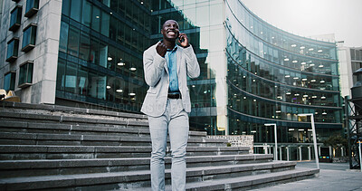 Buy stock photo Excited, phone call and businessman travel in city, real estate and talking with contact on website. Outdoor, realtor and black person with mobile for good news, online or voice note on social media