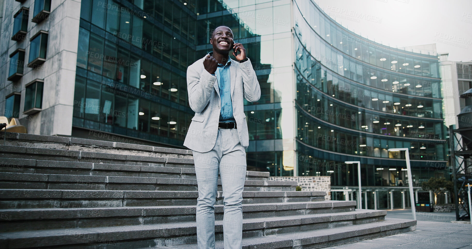 Buy stock photo Excited, phone call and businessman travel in city, real estate and talking with contact on website. Outdoor, realtor and black person with mobile for good news, online or voice note on social media