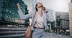 Businesswoman, phone call and excited for success in city, talk and celebration for company revenue. Laughing, salesperson and communication with mobile, achievement and listening to good news