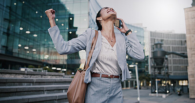 Buy stock photo Businesswoman, phone call and excited for success in city, talk and celebration for company revenue. Laughing, salesperson and communication with mobile, achievement and listening to good news