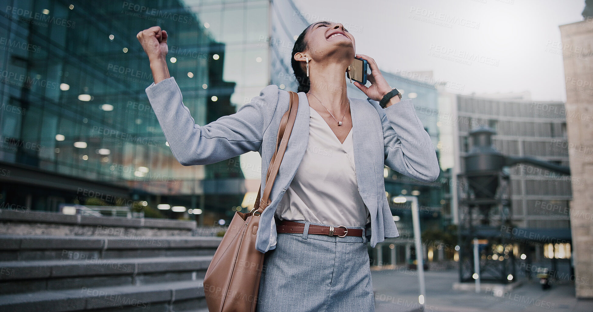 Buy stock photo Businesswoman, phone call and excited for success in city, talk and celebration for company revenue. Laughing, salesperson and communication with mobile, achievement and listening to good news