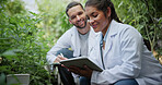 People, scientist and tablet with cannabis research in greenhouse for marijuana production. Botany, CBD or science experiment with smile, weed or technology for natural growth, harvest or farming THC