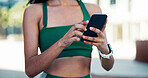Fitness, scroll and hands with phone in city, communication and wellness update on social media app. Typing, message and person with mobile for chat, outdoor and athlete with health tips on website