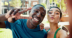 Happy, portrait and selfie with peace sign for fitness, outdoor memory or photography together in city. Man, woman or interracial people with smile for friendship, workout picture or capture moment