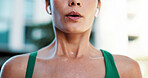 Fitness, breathing and mouth of woman in city for fatigue, exercise and burnout for cardio training. Exhale, tired and female person in town with exhaustion, cool down and recovery for challenge.