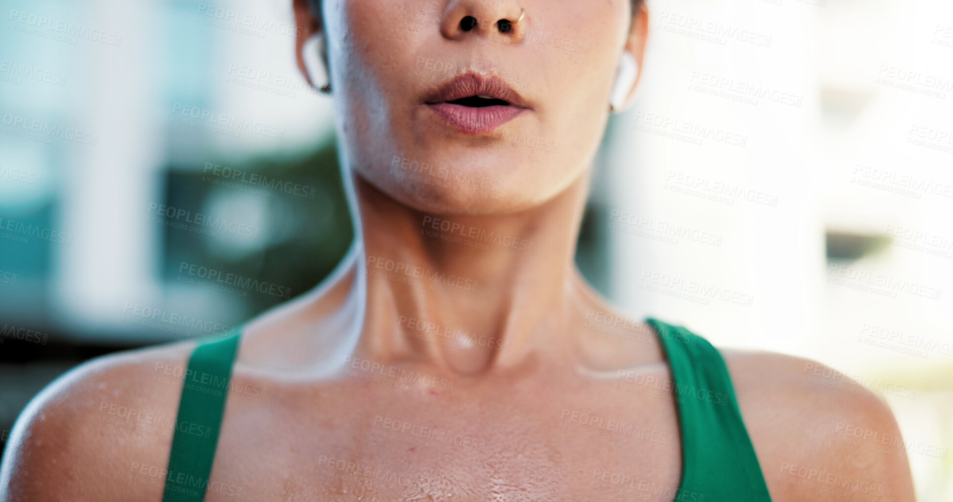 Buy stock photo Fitness, breathing and mouth of woman in city for fatigue, exercise and burnout for cardio training. Exhale, tired and female person in town with exhaustion, sweating and recovery for challenge.