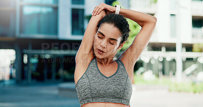 Buy stock photo Woman, fitness and stretching with arms in city for wellness, breathing and circulation for muscle. Person, runner and outdoor with warm up, exercise or flexible with triceps on road in urban town