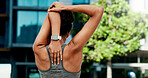 Stretching, exercise and back of woman in city for fitness, routine and mobility to prepare for workout. Sports, athlete and girl with warm up for wellness, prevent injury or health for active hobby