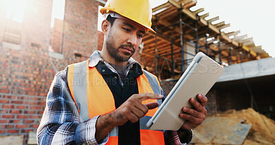 Buy stock photo Civil engineer, online and man with tablet at construction site, scroll or project update on website. Outdoor, architect and person with tech for property development, report and safety inspection