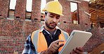 Civil engineer, scroll and man with tablet at construction site, online or project update on website. Outdoor, architect and person with tech for property development, report and safety inspection
