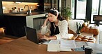 Bored, freelancer and woman with laptop in house, exhausted and research for logo design inspiration. Unhappy, graphic designer and Asian person with tech for ideas, remote work or annoyed by project