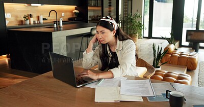 Buy stock photo Bored, freelancer and woman with laptop in house, exhausted and research for logo design inspiration. Unhappy, graphic designer and Asian person with tech for ideas, remote work or annoyed by project
