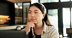 Thinking, freelancer and woman with laptop in house, online and research for logo design inspiration. Creative, graphic designer and Asian person with tech for project, reflection and remote work