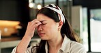Woman, eye strain and headache in home with stress, frustrated and exhausted with fatigue in living room. Asian person, migraine and tired with burnout, overworked and massage for pain at apartment