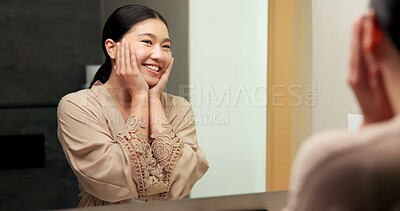 Buy stock photo Bathroom, mirror and woman with skincare glow, happiness or cosmetics for healthy skin and grooming. Reflection, home and Asian person with smile, hygiene and self care with dermatology for beauty