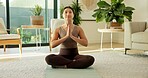 Happy, meditation and Asian woman in home with prayer hands for mindfulness, wellness and calm. Morning, apartment and person on mat for breathing exercise, spiritual awareness and reflection