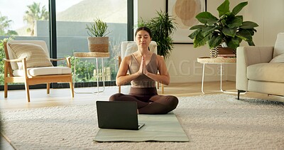 Buy stock photo Laptop, meditation and Asian woman in home with prayer hands for mindfulness, wellness and yoga. Morning, apartment and person on mat for online video for peace, spiritual awareness and reflection
