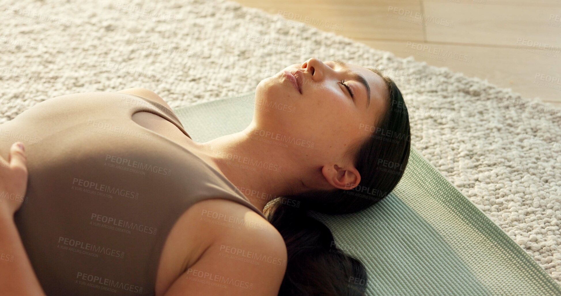 Buy stock photo Relax, yoga and woman in home, breathing and wellness with healthy lungs, awareness and calm. Holistic healing, yogi and person in living room, chakra and zen with morning routine and inner peace