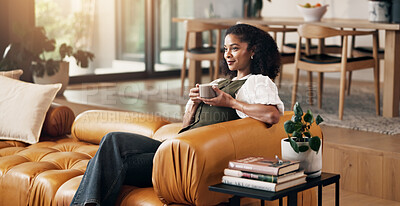 Buy stock photo Thinking, woman and relax in home with coffee, start day and daydreaming with happy memory. Smile, African female person or beverage at house with vision, reflection and inspiration for weekend break