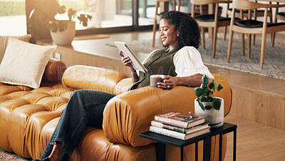 Buy stock photo Relax, tablet and reading with black woman on sofa for social media, online update and communication. Coffee break, digital tech and person in living room of home with ebook, app or subscription