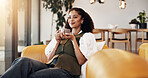 Thinking, woman and relax in home with coffee, start day and daydreaming for stress relief. Smile, African female person or beverage at house with vision, reflection and inspiration for weekend break