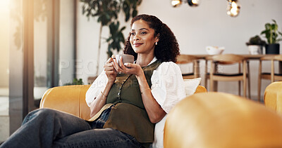 Buy stock photo Thinking, woman and relax in home with coffee, start day and daydreaming for stress relief. Smile, African female person or beverage at house with vision, reflection and inspiration for weekend break
