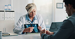 Tablet screen, xray and doctor with man in hospital with consultation for medical diagnosis. Discussion, digital technology and healthcare worker with male patient for radiology scan in clinic.