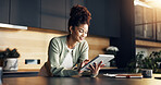 Finance, woman and happy with tablet in home for insurance payout, loyalty reward and review. Budgeting, african person and smile with digital wallet for positive credit score, tax refund and wealth