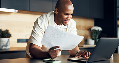Buy stock photo Finance, paperwork and happy man with laptop in home for tax refund, credit balance or debt free. Budgeting, black person and documents with tech for wealth growth, investment progress and planning