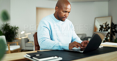 Buy stock photo Remote work, laptop and black man in home for finance review, budget planning and proposal. WFH, typing and person with computer, website and research for financial report, accounting and evaluation
