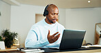 Laptop, headphones and black man in house for call center, crm or customer service with remote work. Mic, computer and African technical support agent with online consultation for advisory in home.