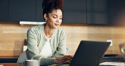 Buy stock photo Woman, relax and typing in home with laptop, research and online payment for mortgage. Female person, pc and coffee at house with document, bookkeeping and financial information on household expenses