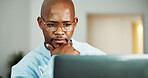 Review, planning or black man with laptop for remote work, accounting audit or internal risk reflection. Reading, freelancer or financial controller with idea for compliance policy, computer and home
