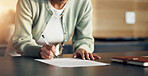 Hand, woman and writing in home with document, application and agreement for finance loan. Person, signature and contract at house with paperwork, bookkeeping and compliance form for household audit