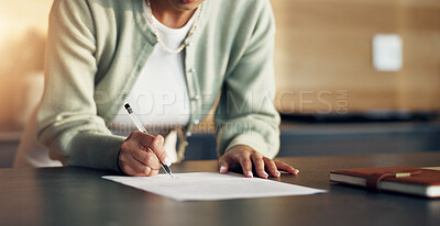 Buy stock photo Hand, woman and writing in home with document, application and agreement for finance loan. Person, signature and contract at house with paperwork, bookkeeping and compliance form for household audit