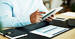 Tablet, hands and man in home for finance review, budget planning and online for remote work. WFH, scroll and person with documents, tech and research for financial report, accounting and evaluation