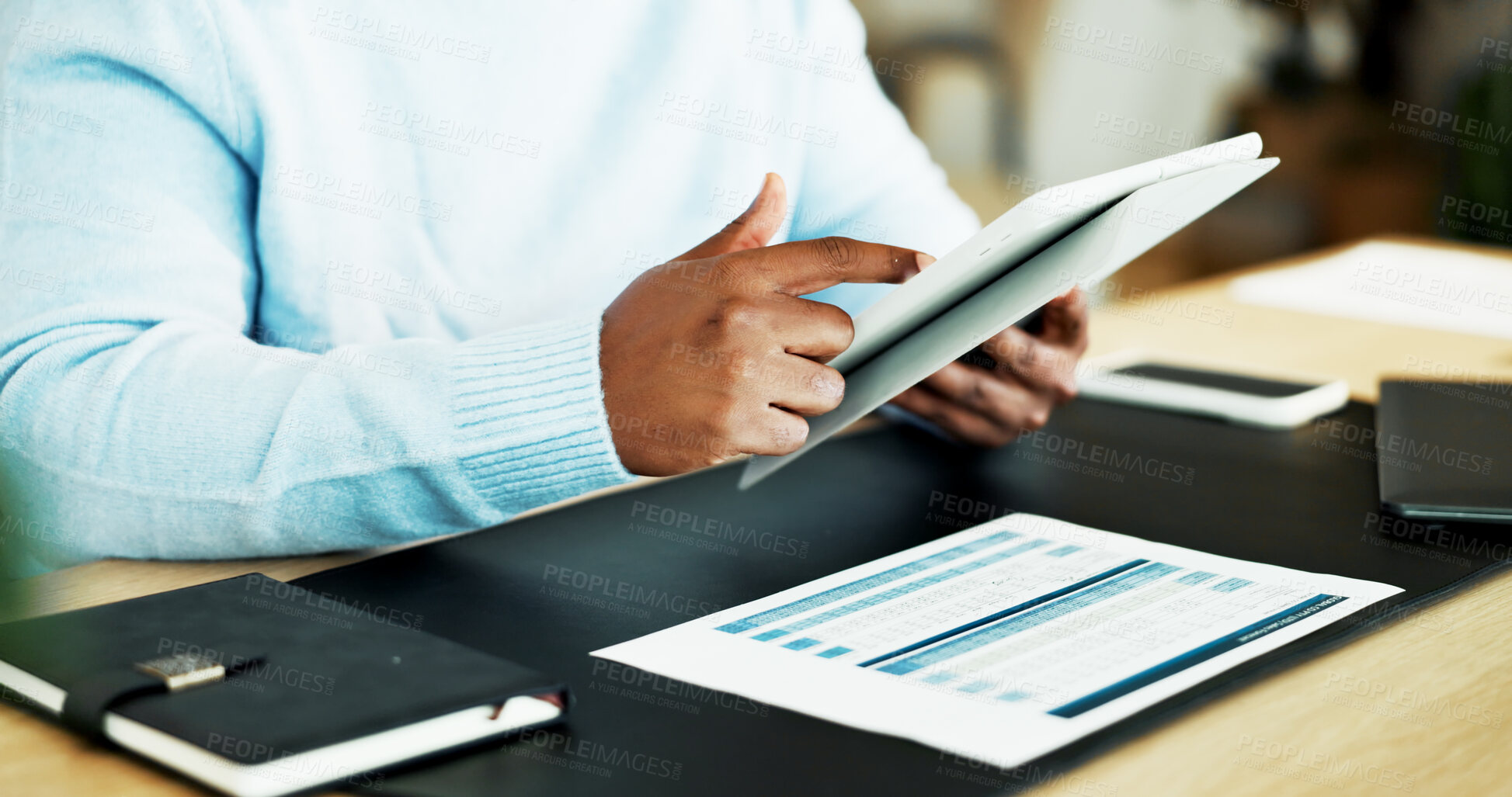 Buy stock photo Tablet, hands and man in home for finance review, budget planning and online for remote work. WFH, scroll and person with documents, tech and research for financial report, accounting and evaluation