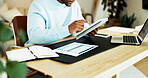 Tablet, finance and man in home for remote work, budget planning and evaluation for audit. WFH, online and person with documents, tech and research for financial report, accounting and proposal