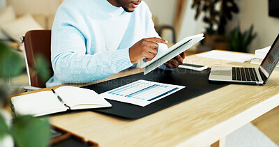 Buy stock photo Tablet, finance and man in home for remote work, budget planning and evaluation for audit. WFH, online and person with documents, tech and research for financial report, accounting and proposal