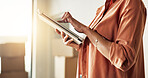 Tablet, online shopping and hands of woman in new home with order on website for renovation in living room. Digital technology, email and female person with real estate contract in apartment.
