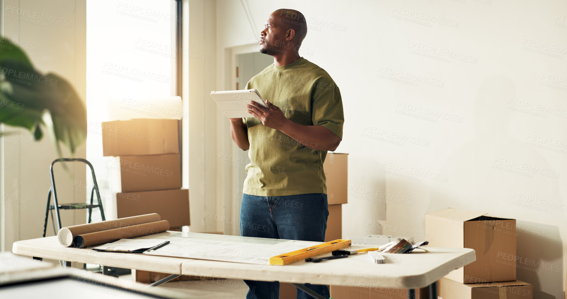 Buy stock photo Man, tablet and thinking in new home for remodeling, interior planning and research for ideas. Black person, tech and blueprint in apartment for renovation, revamping project and app for inspiration