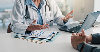 Buy stock photo Clipboard, laptop and hands of doctor with man in hospital for consultation on medical diagnosis. Documents, computer and healthcare worker with male patient in discussion for treatment plan.