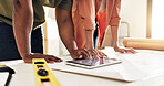 Tablet, blueprint and hands of people in new house with planning for renovation, building or repairs. Digital technology, draft and construction worker with woman for maintenance approval in home.