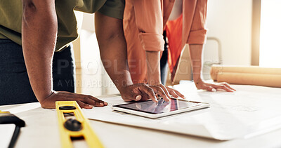 Buy stock photo Tablet, blueprint and hands of people in new house with planning for renovation, building or repairs. Digital technology, draft and construction worker with woman for maintenance approval in home.